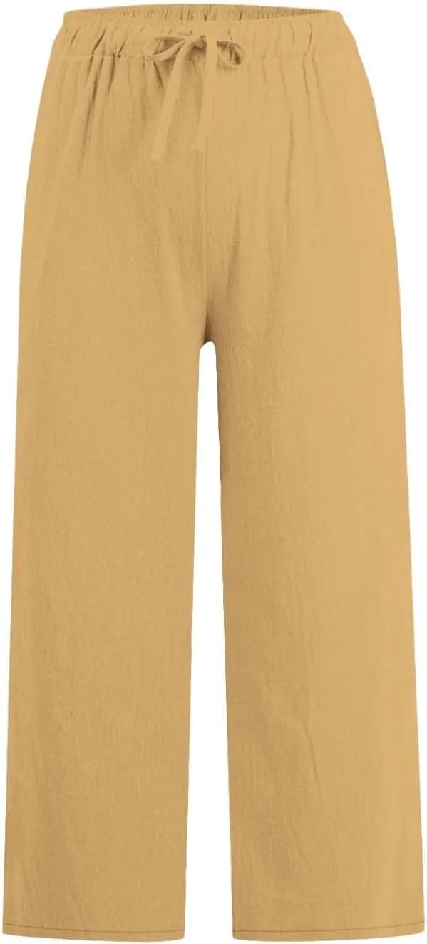 Wide Leg Linen Pants for Women Elastic Waist Casual Crop Capri Pant Loose Comfy Lounge Trouser Summer Beach Outfits