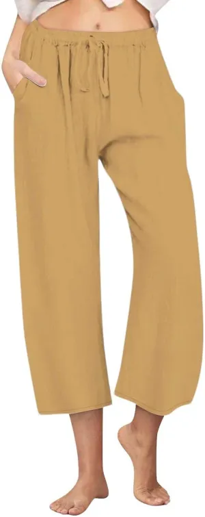 Wide Leg Linen Pants for Women Elastic Waist Casual Crop Capri Pant Loose Comfy Lounge Trouser Summer Beach Outfits