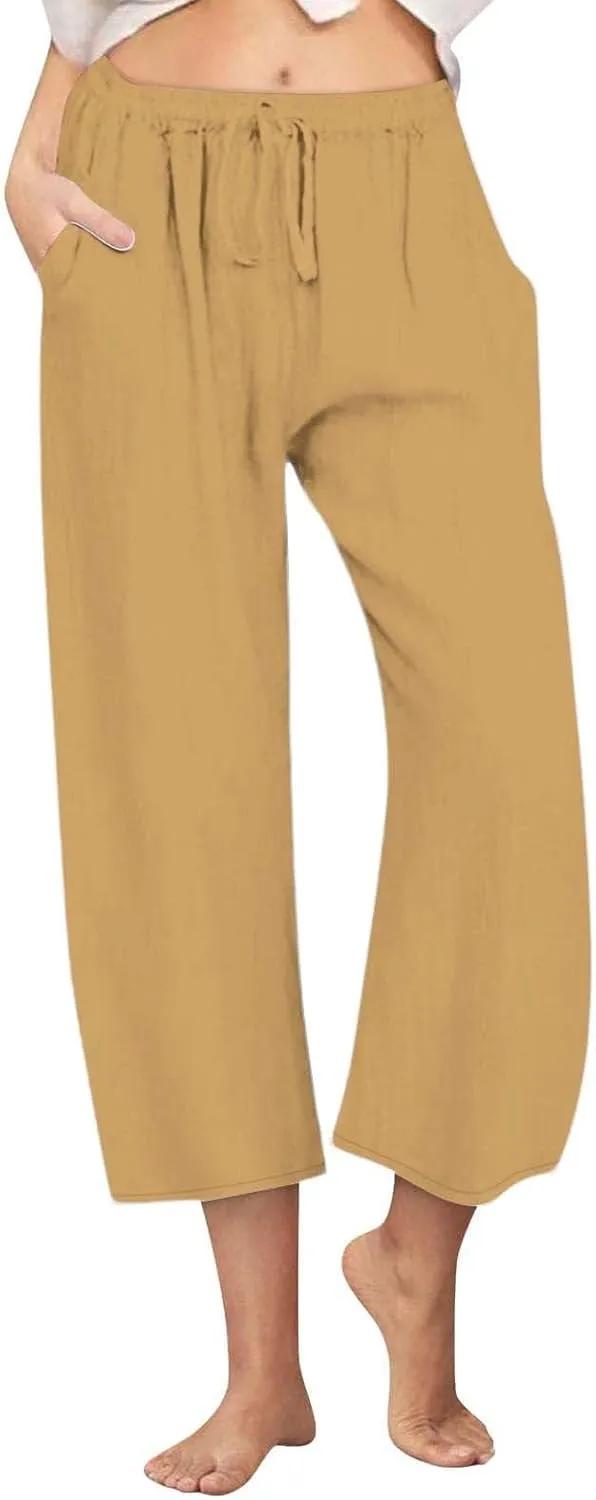 Wide Leg Linen Pants for Women Elastic Waist Casual Crop Capri Pant Loose Comfy Lounge Trouser Summer Beach Outfits