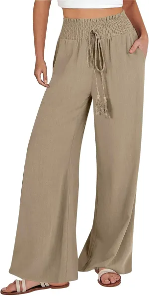 Wide Leg Linen Pants for Women Summer Drawstring Elastic High Waist Casual Boho Trousers Palazzo Flowy Pants with Pocket