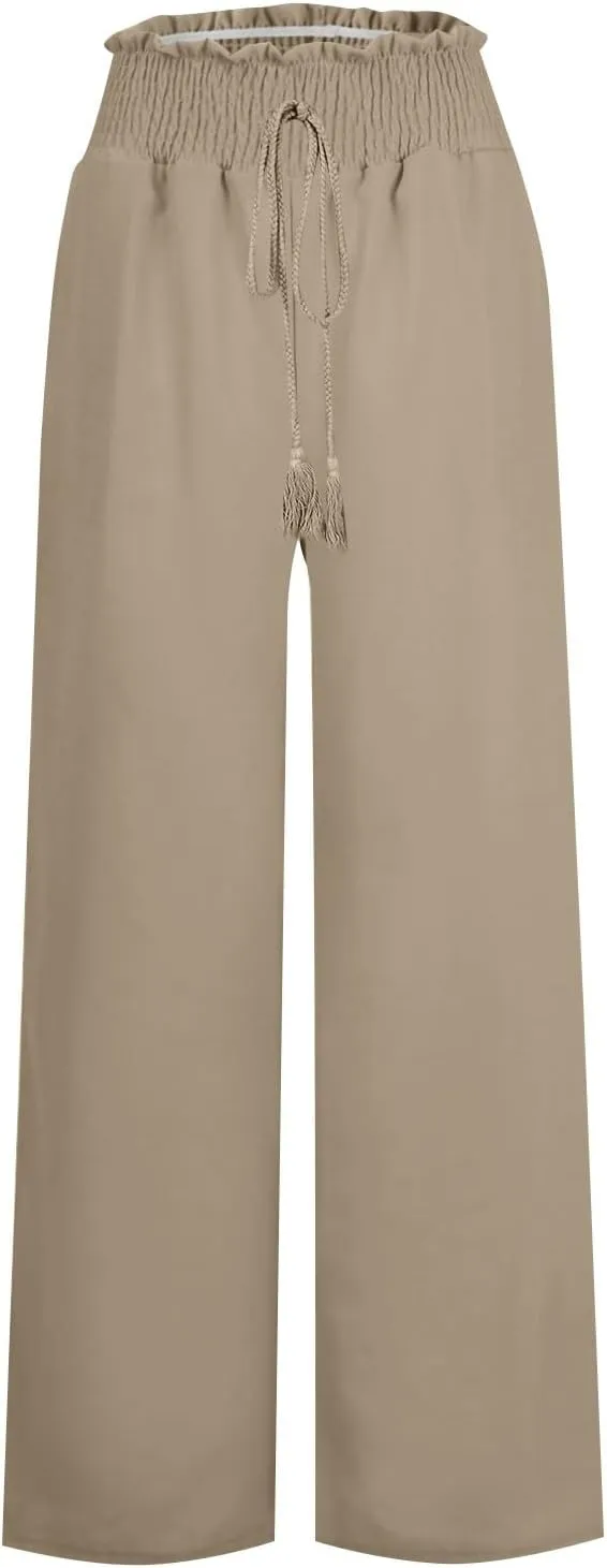 Wide Leg Linen Pants for Women Summer Drawstring Elastic High Waist Casual Boho Trousers Palazzo Flowy Pants with Pocket