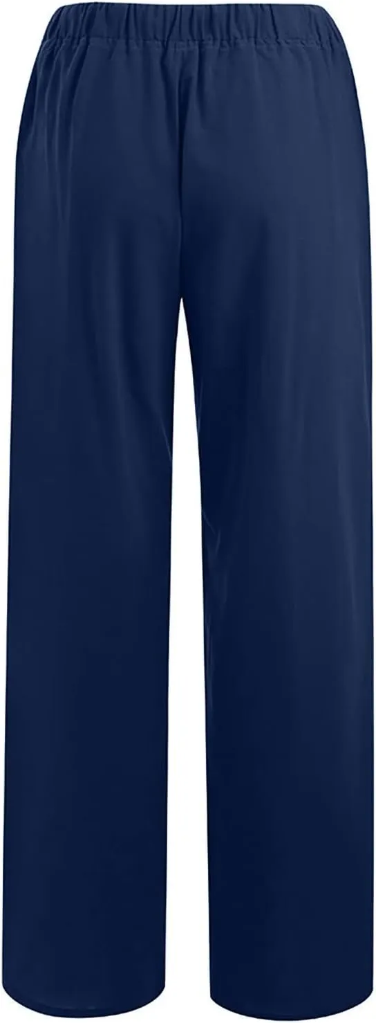Wide Leg Linen Pants Women Loose Fit High Waist Summer Cotton Linen Pant with Pocket Drawstring Casual Lounge Trousers