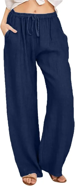 Wide Leg Linen Pants Women Loose Fit High Waist Summer Cotton Linen Pant with Pocket Drawstring Casual Lounge Trousers