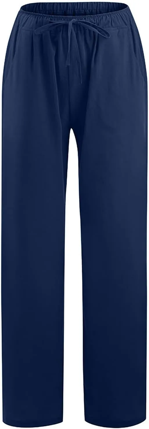 Wide Leg Linen Pants Women Loose Fit High Waist Summer Cotton Linen Pant with Pocket Drawstring Casual Lounge Trousers