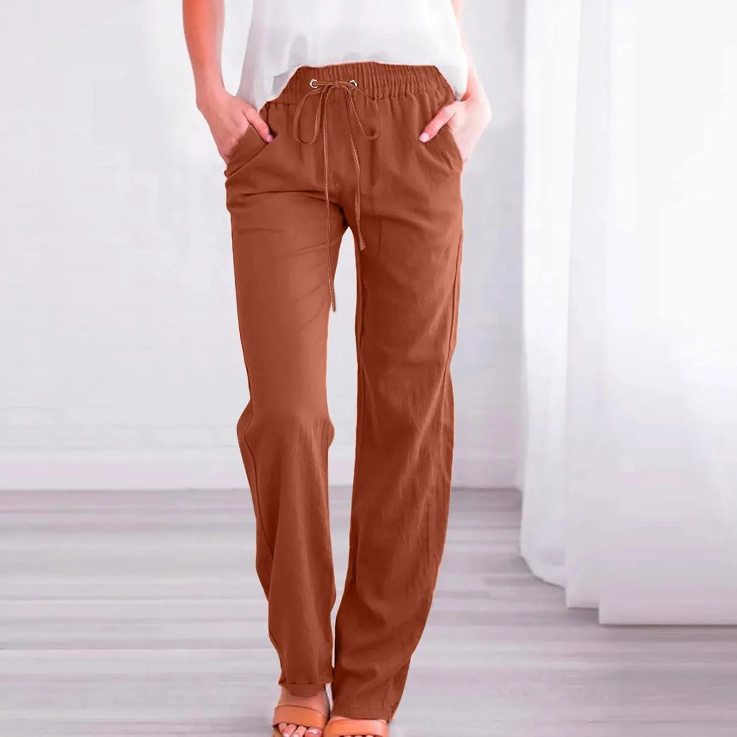 Wide Leg Linen Pants Women Preppy High Waist Palazzo Pants Summer Flowy Beach Pants Business Work Casual Pants with Pockets