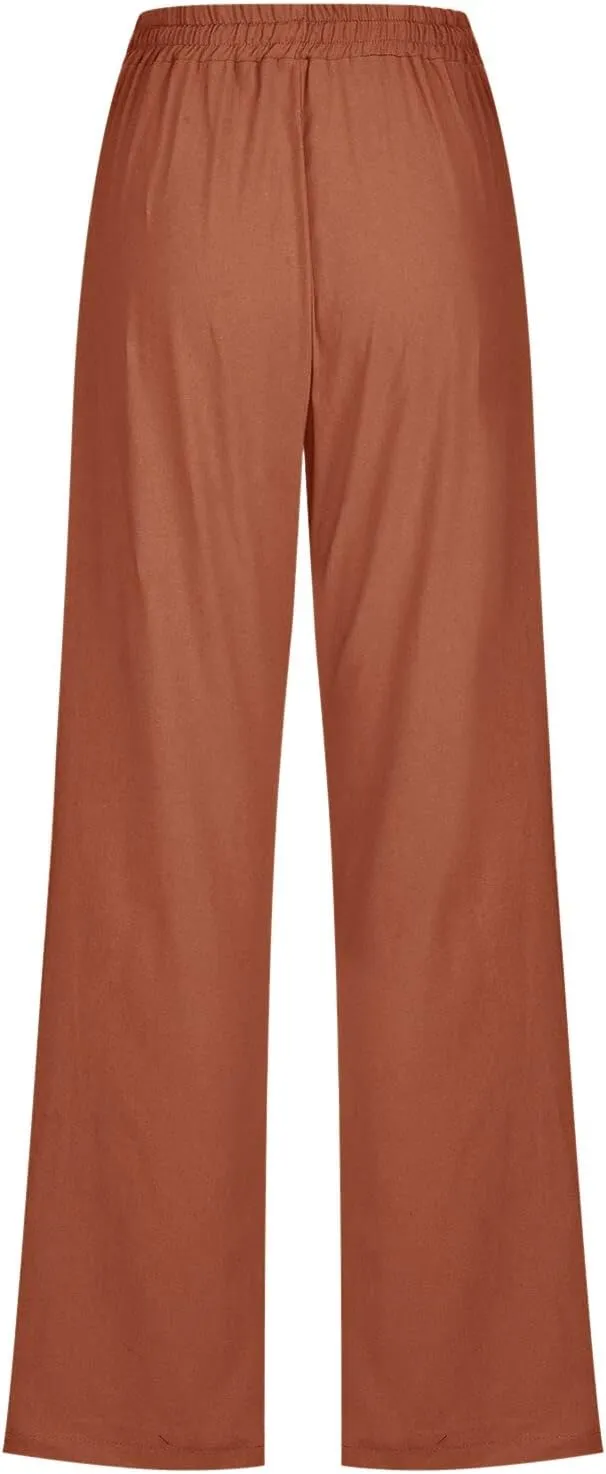 Wide Leg Linen Pants Women Preppy High Waist Palazzo Pants Summer Flowy Beach Pants Business Work Casual Pants with Pockets