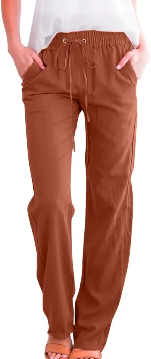 Wide Leg Linen Pants Women Preppy High Waist Palazzo Pants Summer Flowy Beach Pants Business Work Casual Pants with Pockets