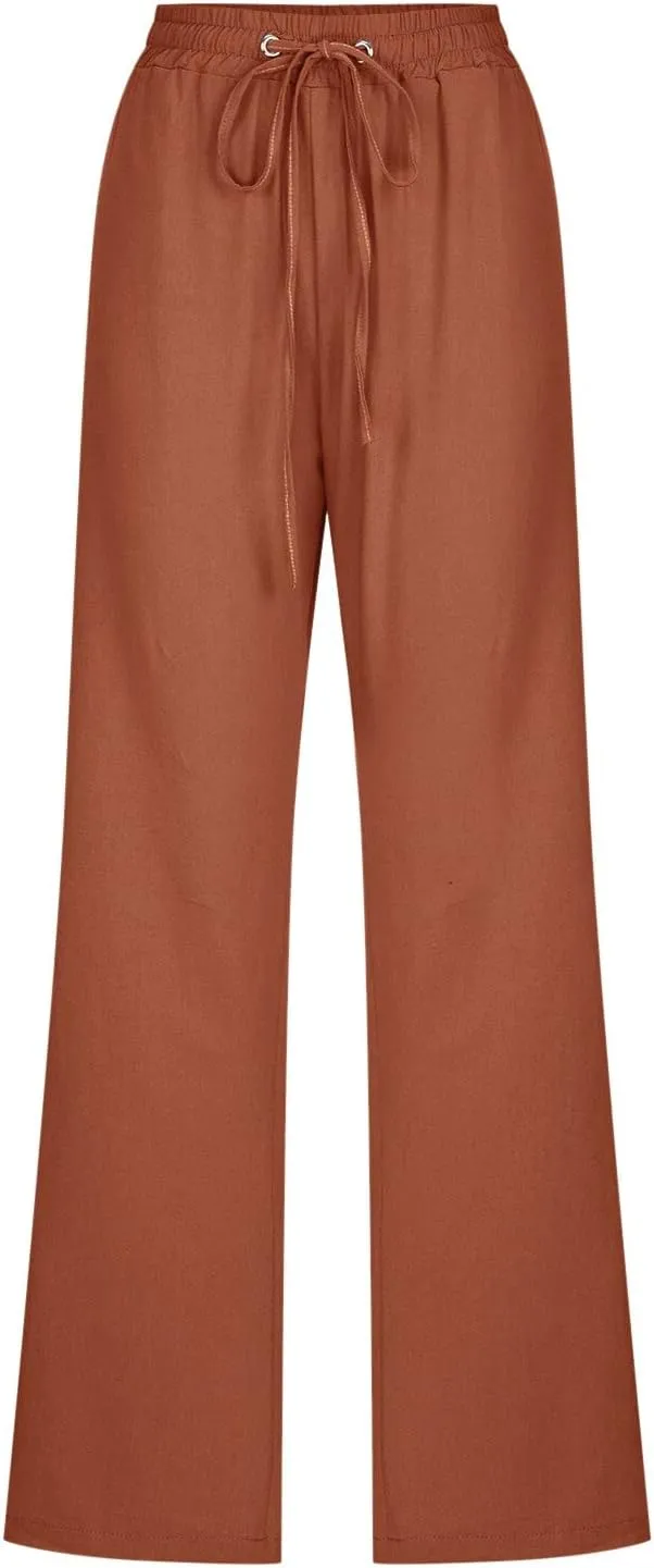 Wide Leg Linen Pants Women Preppy High Waist Palazzo Pants Summer Flowy Beach Pants Business Work Casual Pants with Pockets