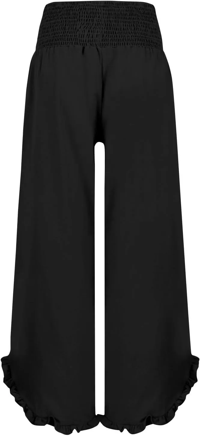 Wide Leg Pants for Women Cotton Linen Palazzo Pants Summer Beach Pant Elastic Waist Flowy Travel Vacation Trousers