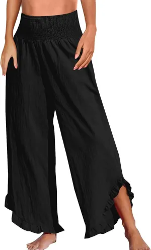 Wide Leg Pants for Women Cotton Linen Palazzo Pants Summer Beach Pant Elastic Waist Flowy Travel Vacation Trousers