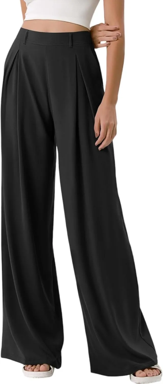 Wide Leg Pants for Women Pull On Flowy Palazzo Pants Lightweight Summer High Wasited Dress Pants with Pockets