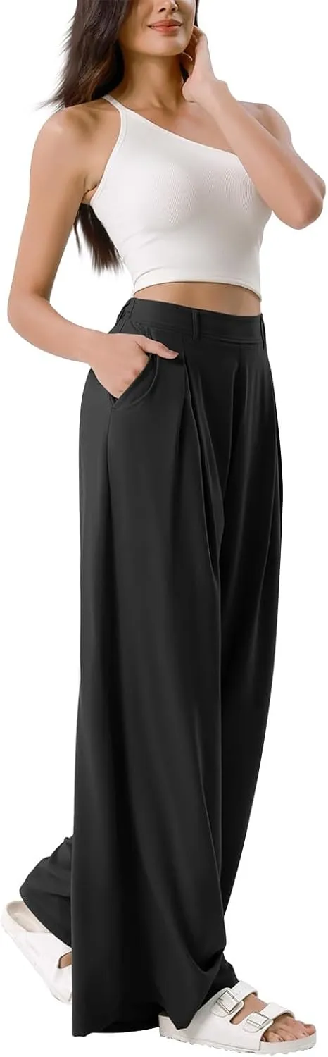Wide Leg Pants for Women Pull On Flowy Palazzo Pants Lightweight Summer High Wasited Dress Pants with Pockets
