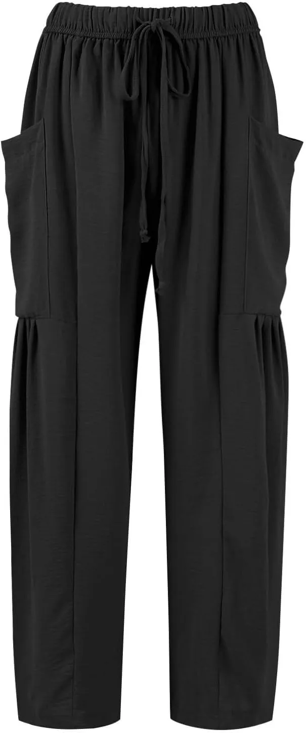 Wide Leg Pants Woman High Waisted Drawstring Casual Boho Pants Summer Baggy Trendy Palazzo Harem Trousers with Pockets