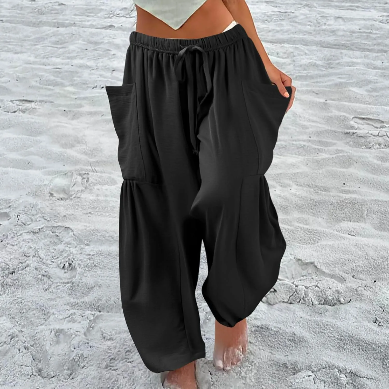 Wide Leg Pants Woman High Waisted Drawstring Casual Boho Pants Summer Baggy Trendy Palazzo Harem Trousers with Pockets