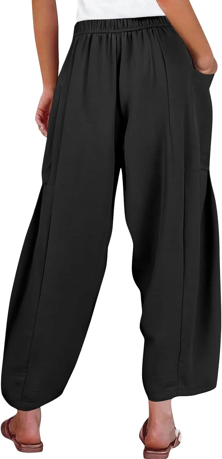 Wide Leg Pants Woman High Waisted Drawstring Casual Boho Pants Summer Baggy Trendy Palazzo Harem Trousers with Pockets