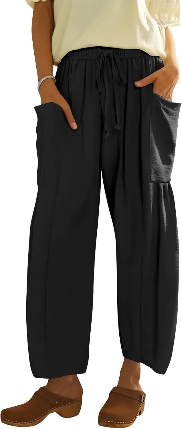 Wide Leg Pants Woman High Waisted Drawstring Casual Boho Pants Summer Baggy Trendy Palazzo Harem Trousers with Pockets