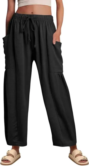 Wide Leg Pants Woman High Waisted Drawstring Casual Boho Pants Summer Baggy Trendy Palazzo Harem Trousers with Pockets