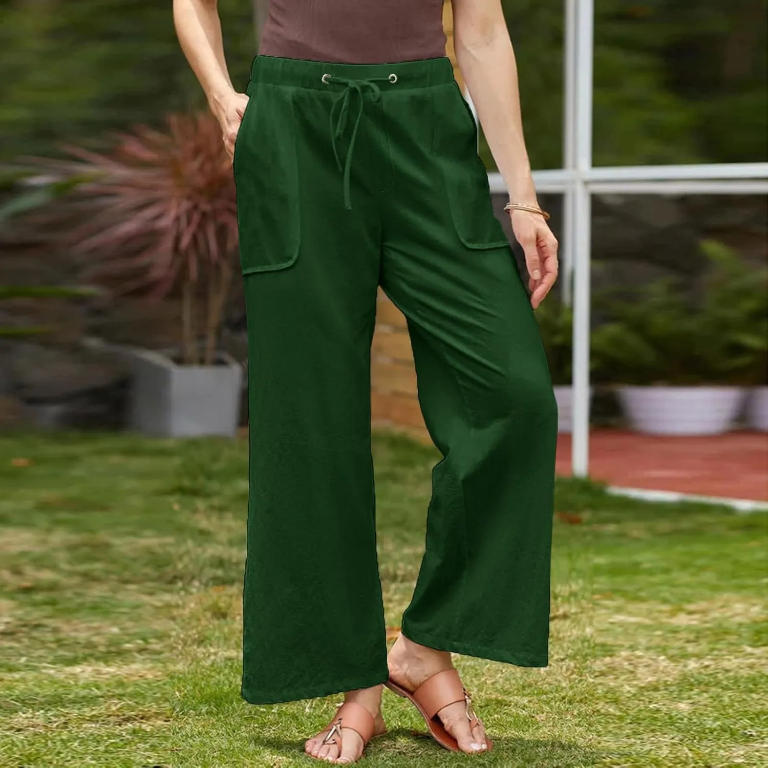 Wide Leg Pants Woman Summer Casual 2025 Drawstring High Waisted Trousers with Pockets Plus Size Linen Pants