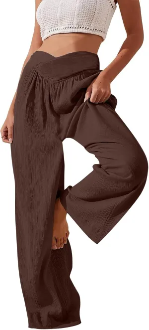 Wide Leg Summer Pants for Women Tummy Control Palazzo Pant Crossover Trousers Beach High Waisted Pants