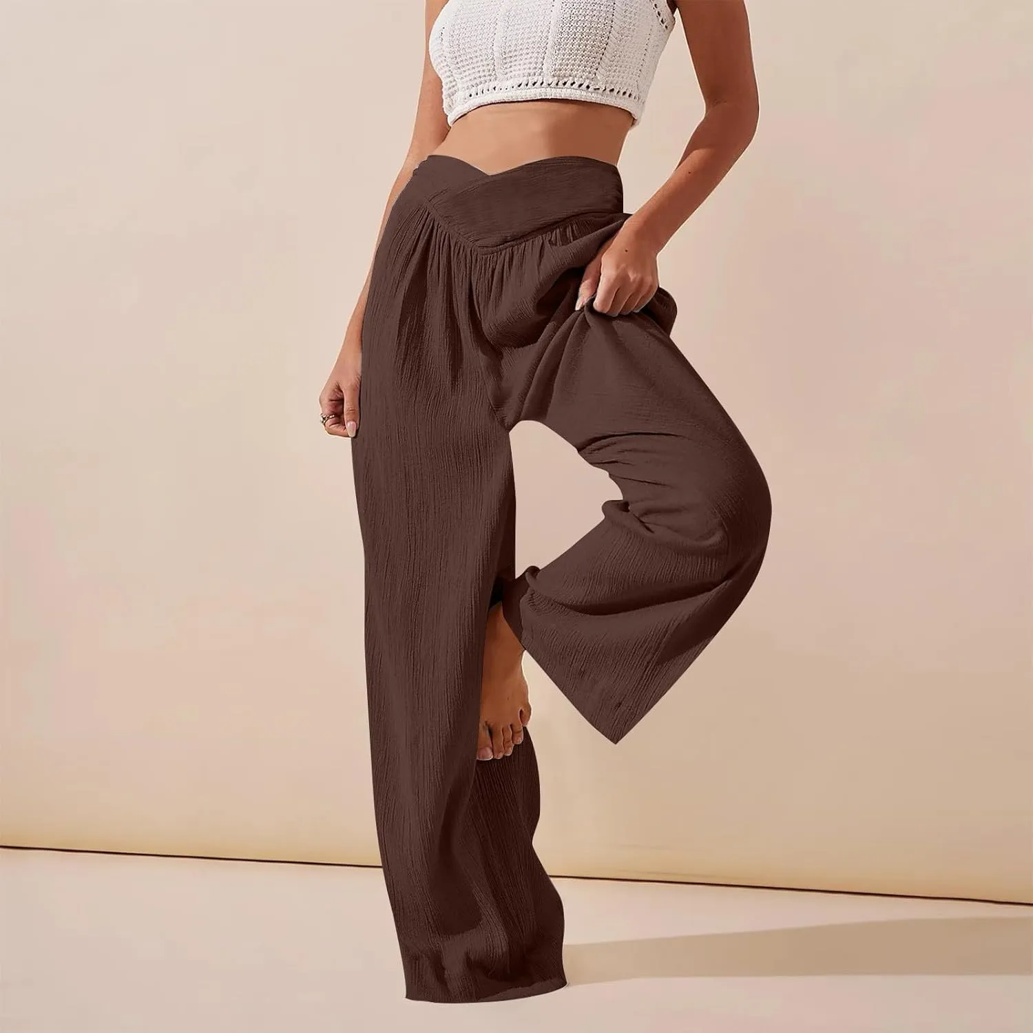 Wide Leg Summer Pants for Women Tummy Control Palazzo Pant Crossover Trousers Beach High Waisted Pants