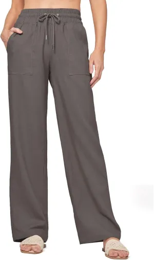 Wide Legged Linen Pants for Women Summer Drawstring Smocked Waist Palazzo Trousers Lounge Beach Straight Pant Pockets