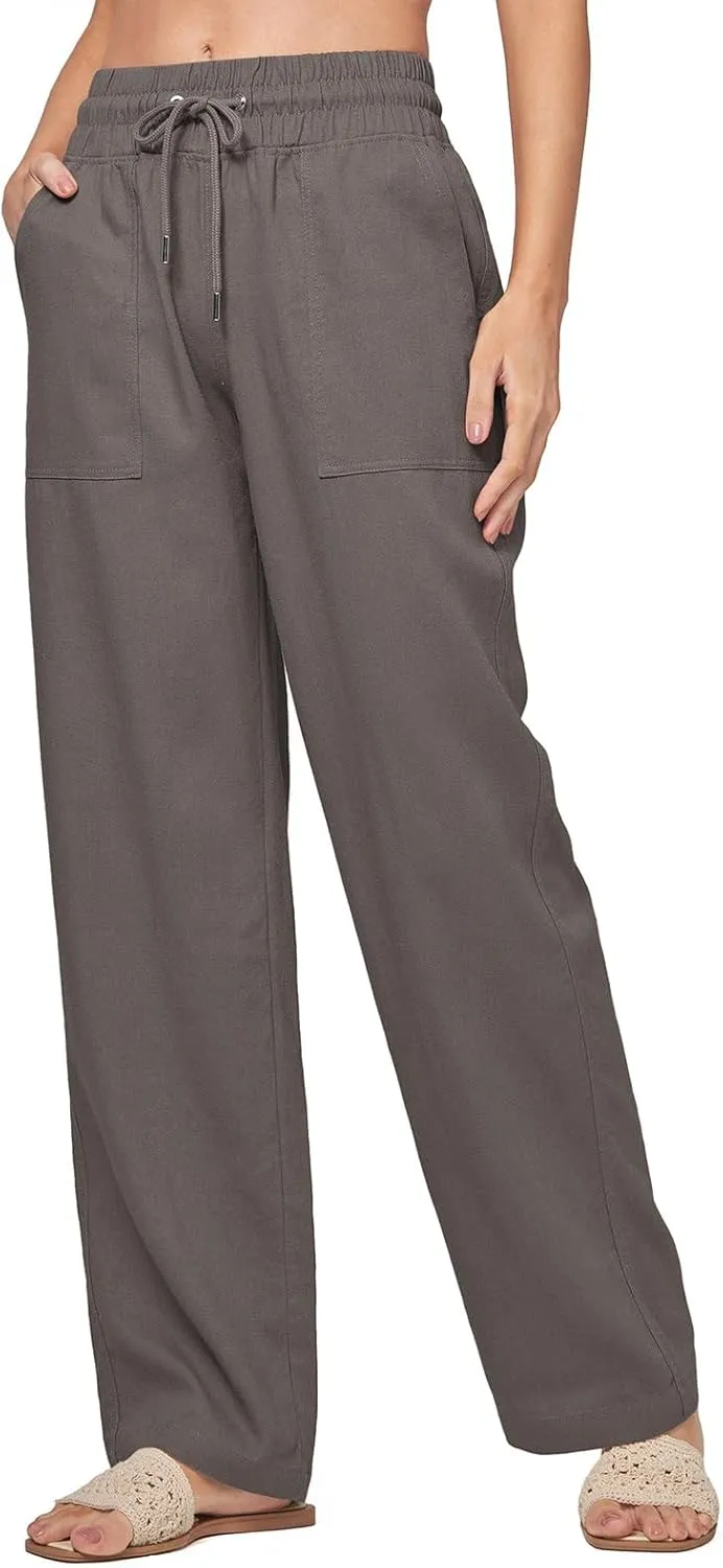 Wide Legged Linen Pants for Women Summer Drawstring Smocked Waist Palazzo Trousers Lounge Beach Straight Pant Pockets