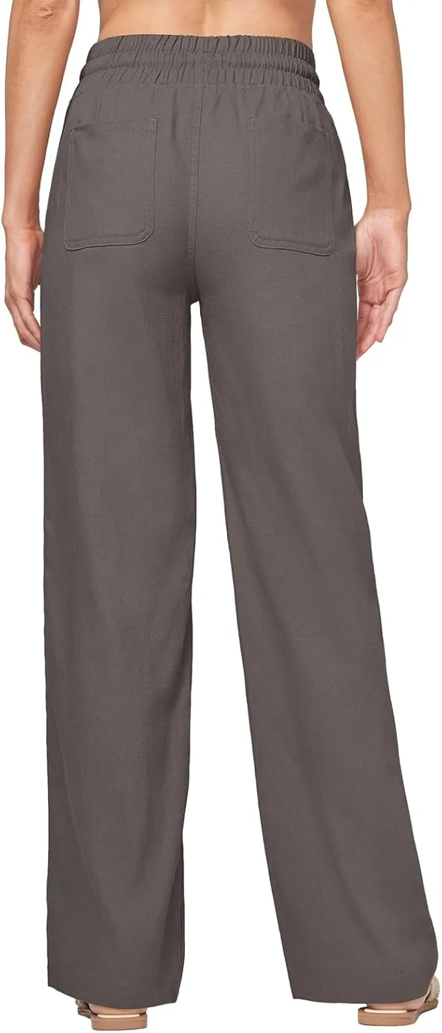 Wide Legged Linen Pants for Women Summer Drawstring Smocked Waist Palazzo Trousers Lounge Beach Straight Pant Pockets