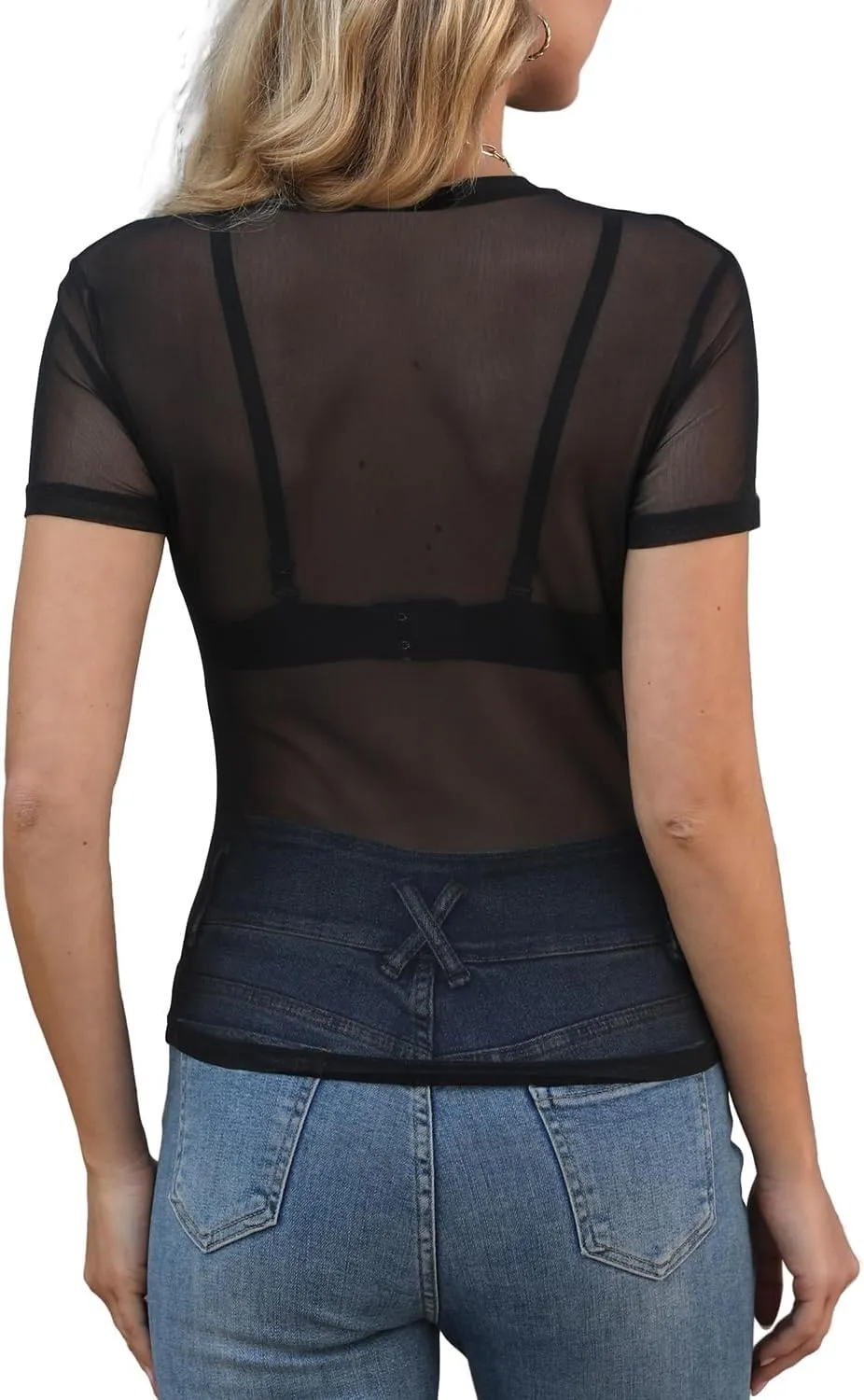 WIHOLL Womens Short Sleeve Mesh Tops Sexy Crew Neck Summer Loose FIt Party Clubwear Shirts