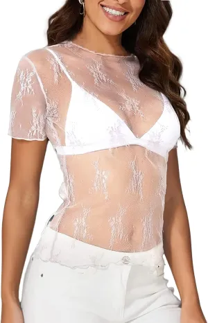 WIHOLL Womens Short Sleeve Mesh Tops Sexy Crew Neck Summer Loose FIt Party Clubwear Shirts