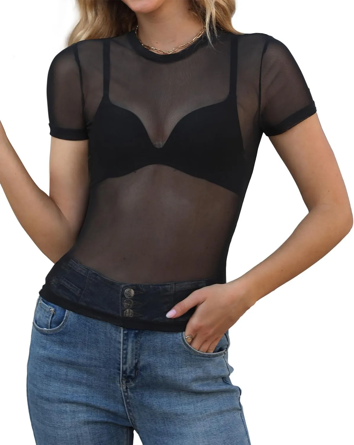 WIHOLL Womens Short Sleeve Mesh Tops Sexy Crew Neck Summer Loose FIt Party Clubwear Shirts