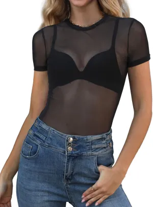 WIHOLL Womens Short Sleeve Mesh Tops Sexy Crew Neck Summer Loose FIt Party Clubwear Shirts