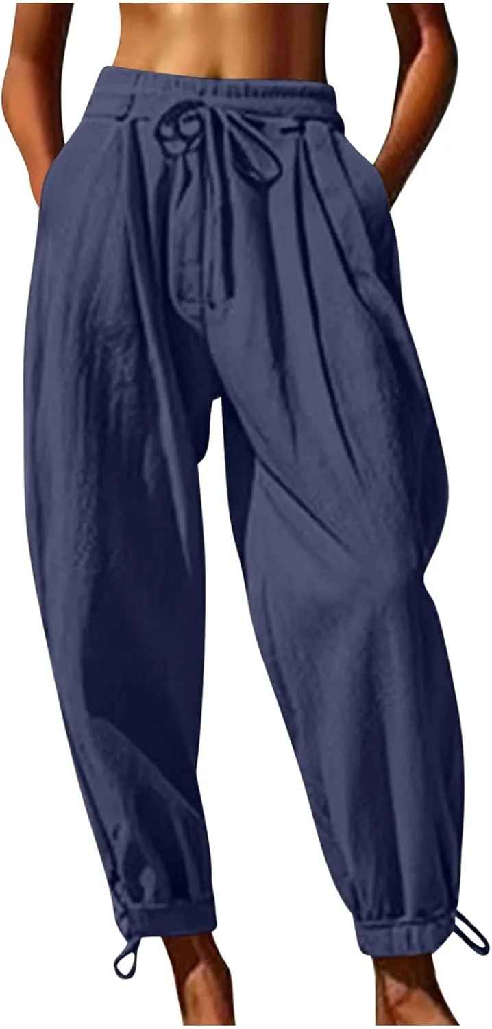 Women Baggy Draped Jogger Pants Summer Cotton Linen High Waisted Crop Tapered Pants Casual Drawstring Trousers with Pockets