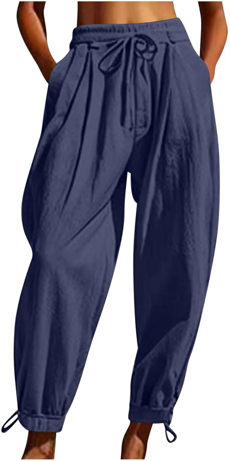 Women Baggy Draped Jogger Pants Summer Cotton Linen High Waisted Crop Tapered Pants Casual Drawstring Trousers with Pockets