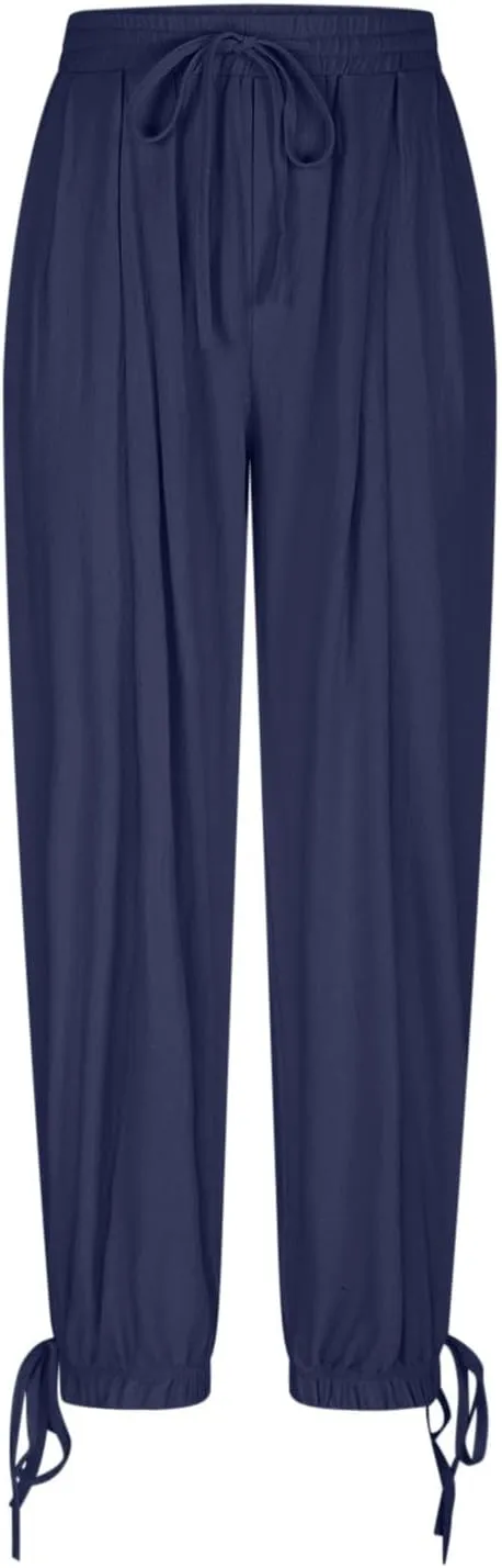 Women Baggy Draped Jogger Pants Summer Cotton Linen High Waisted Crop Tapered Pants Casual Drawstring Trousers with Pockets