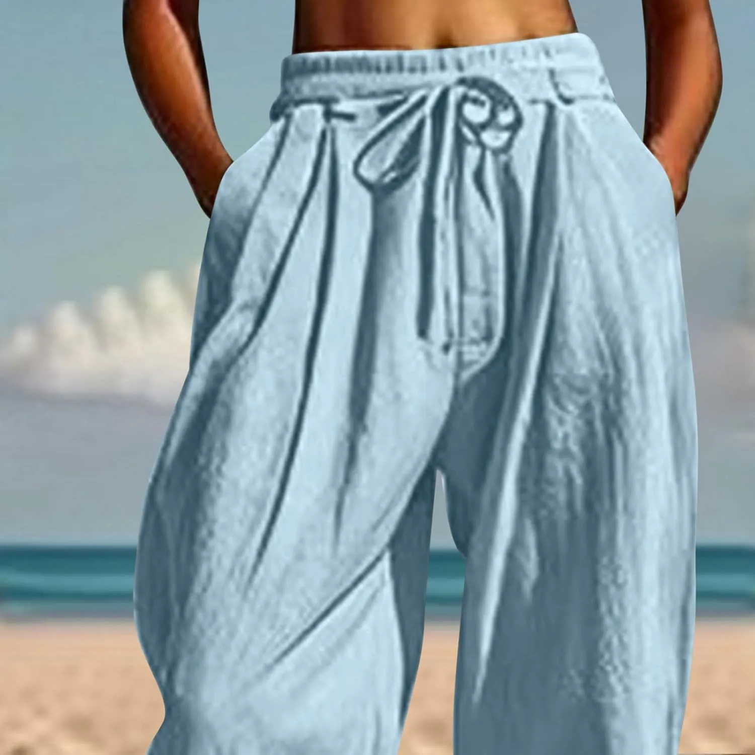 Women Baggy Draped Jogger Pants Summer Cotton Linen High Waisted Crop Tapered Pants Casual Drawstring Trousers with Pockets