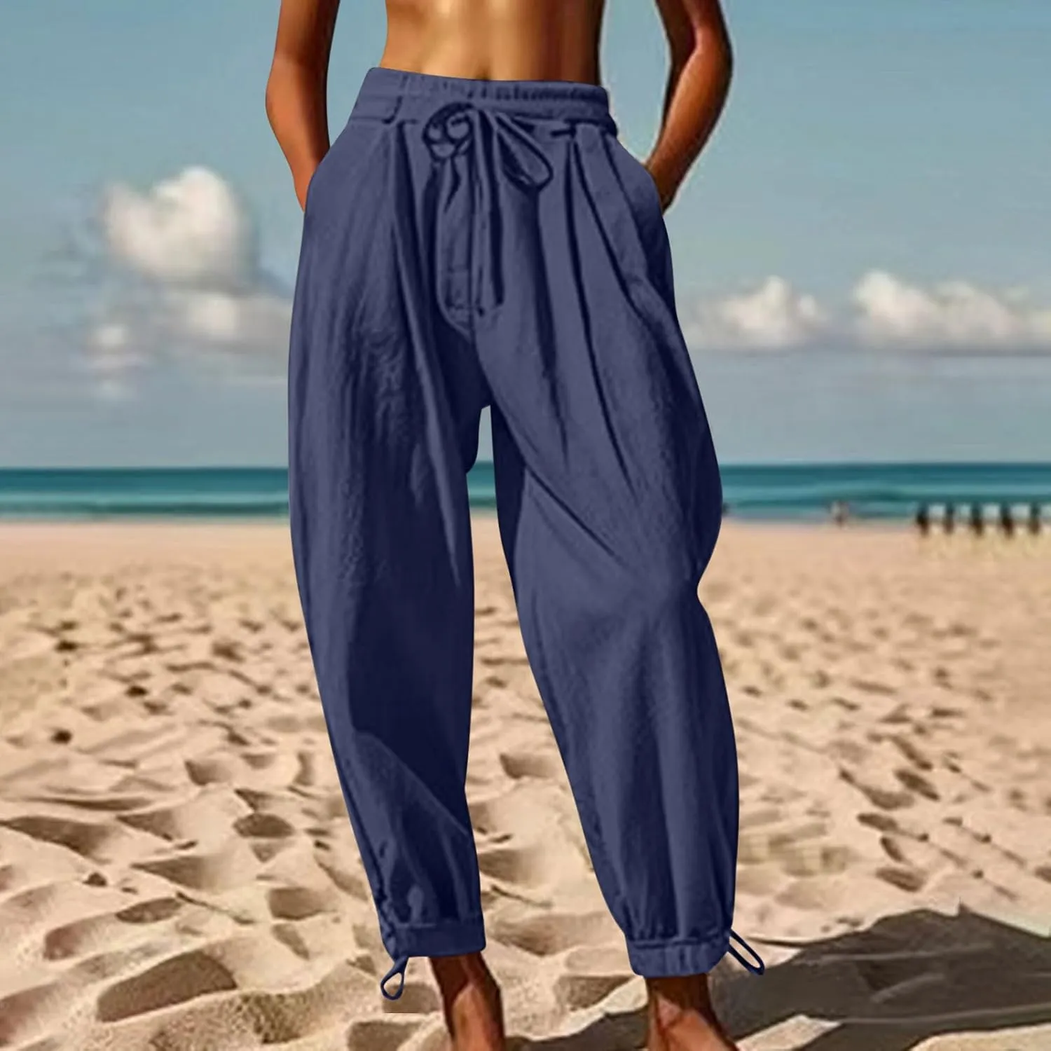 Women Baggy Draped Jogger Pants Summer Cotton Linen High Waisted Crop Tapered Pants Casual Drawstring Trousers with Pockets