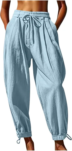 Women Baggy Draped Jogger Pants Summer Cotton Linen High Waisted Crop Tapered Pants Casual Drawstring Trousers with Pockets