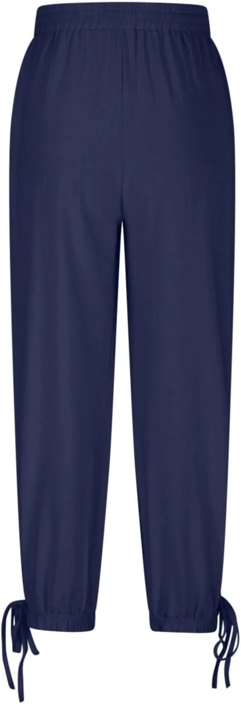 Women Baggy Draped Jogger Pants Summer Cotton Linen High Waisted Crop Tapered Pants Casual Drawstring Trousers with Pockets