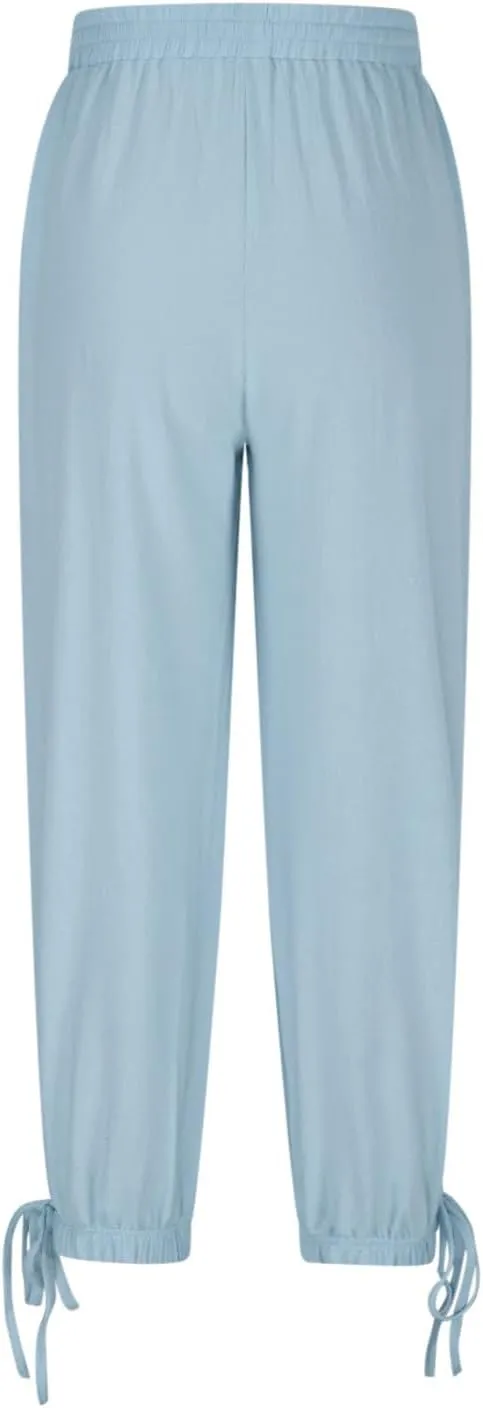Women Baggy Draped Jogger Pants Summer Cotton Linen High Waisted Crop Tapered Pants Casual Drawstring Trousers with Pockets