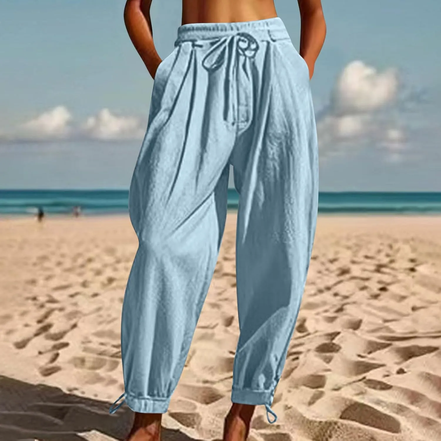 Women Baggy Draped Jogger Pants Summer Cotton Linen High Waisted Crop Tapered Pants Casual Drawstring Trousers with Pockets