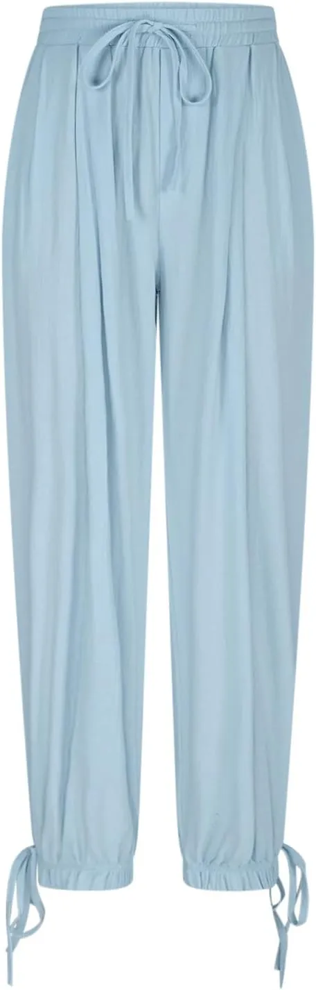 Women Baggy Draped Jogger Pants Summer Cotton Linen High Waisted Crop Tapered Pants Casual Drawstring Trousers with Pockets