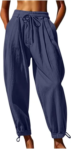 Women Baggy Draped Jogger Pants Summer Cotton Linen High Waisted Crop Tapered Pants Casual Drawstring Trousers with Pockets