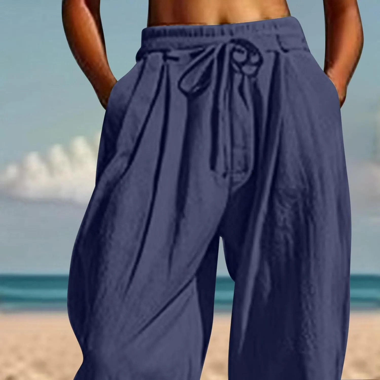 Women Baggy Draped Jogger Pants Summer Cotton Linen High Waisted Crop Tapered Pants Casual Drawstring Trousers with Pockets