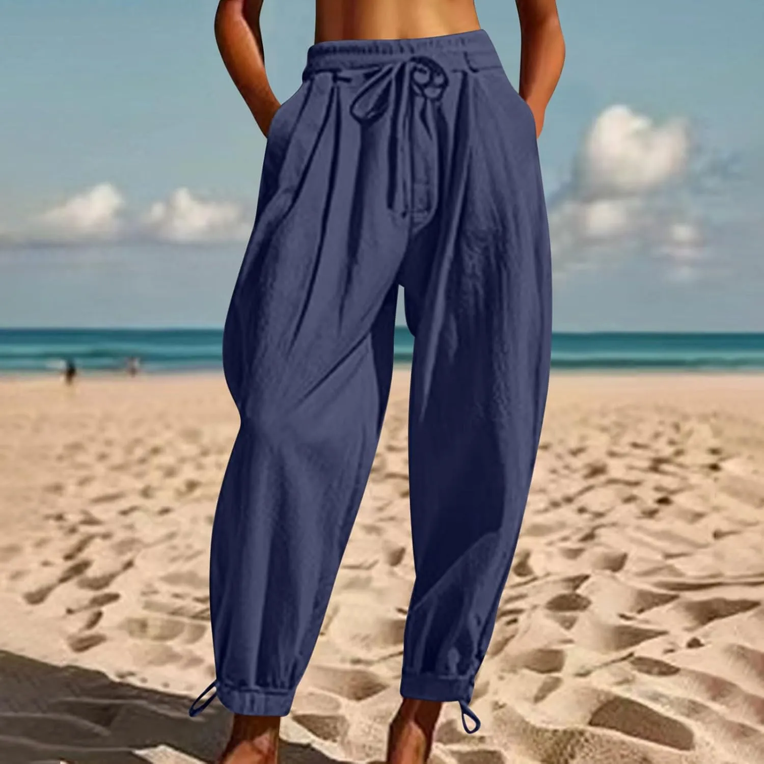 Women Baggy Draped Jogger Pants Summer Cotton Linen High Waisted Crop Tapered Pants Casual Drawstring Trousers with Pockets