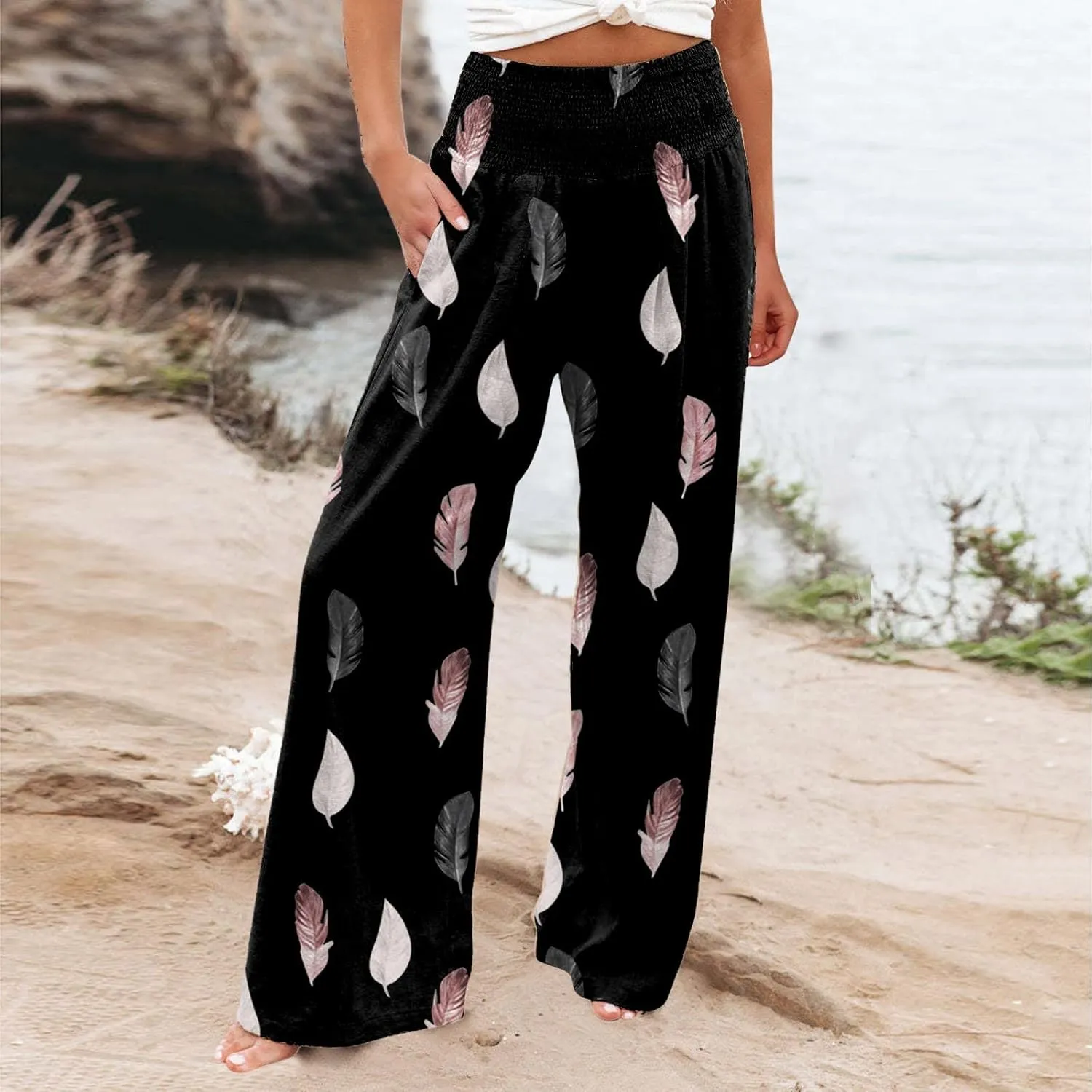 Women Cotton Linen Capri Pants Summer High Waisted Palazzo Pants Wide Leg Long Lounge Pant Trousers with Pocket