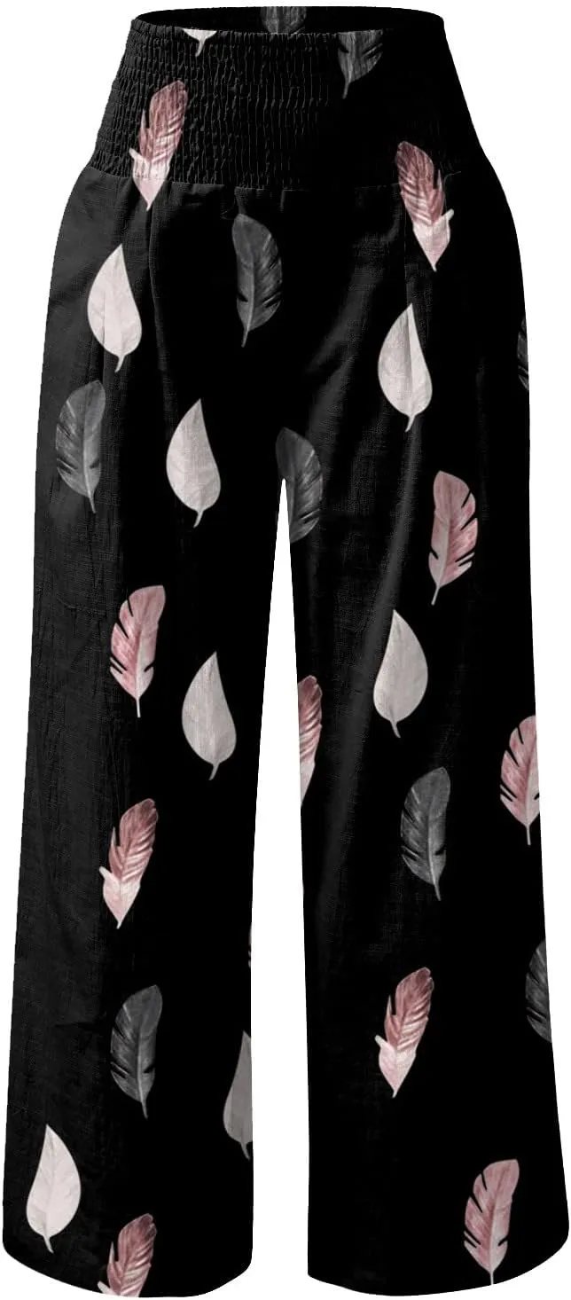 Women Cotton Linen Capri Pants Summer High Waisted Palazzo Pants Wide Leg Long Lounge Pant Trousers with Pocket