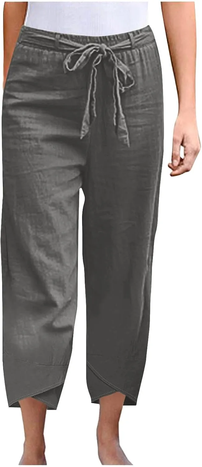 Women Cotton Linen Pant Summer 2025 Casual Capri Pants with Pocket Cropped High Waisted Drawstring Comfy Baggy Trouser