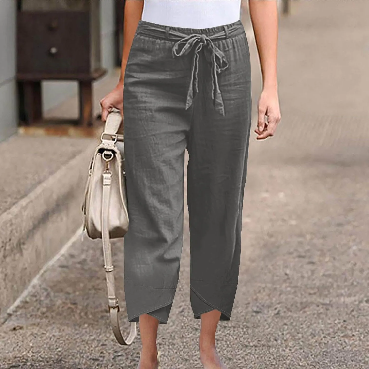 Women Cotton Linen Pant Summer 2025 Casual Capri Pants with Pocket Cropped High Waisted Drawstring Comfy Baggy Trouser