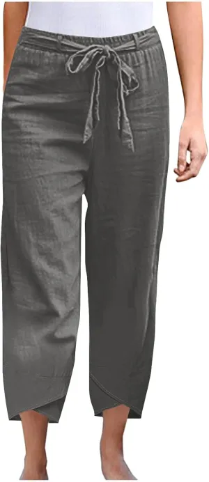Women Cotton Linen Pant Summer 2025 Casual Capri Pants with Pocket Cropped High Waisted Drawstring Comfy Baggy Trouser