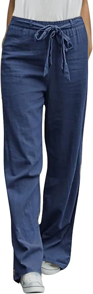 Women Cotton Linen Pants Elastic High Waisted Wide Leg Pants Loose Summer Beach Trousers Pants with Drawstring